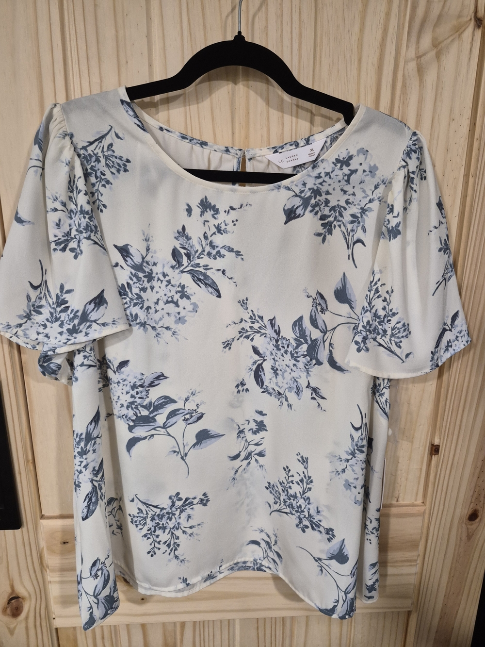 LC Lauren Conrad Cream Blouse with Blue Floral Print